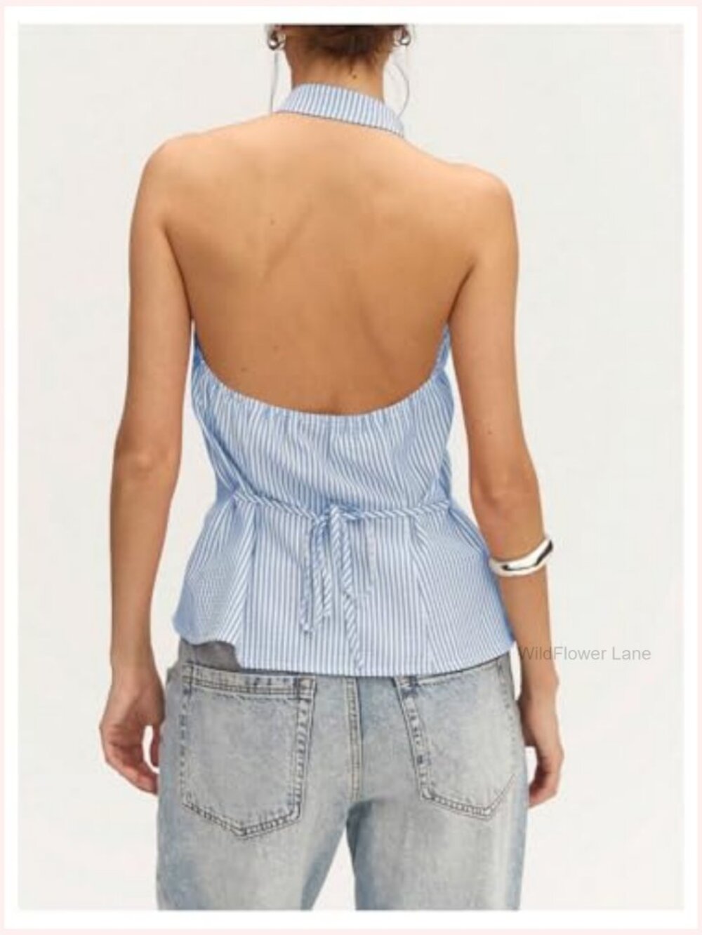 Striped Tie Front Halter Top Sleeveless Open Back Asymmetrical Tank Top - Picture 2 of 4